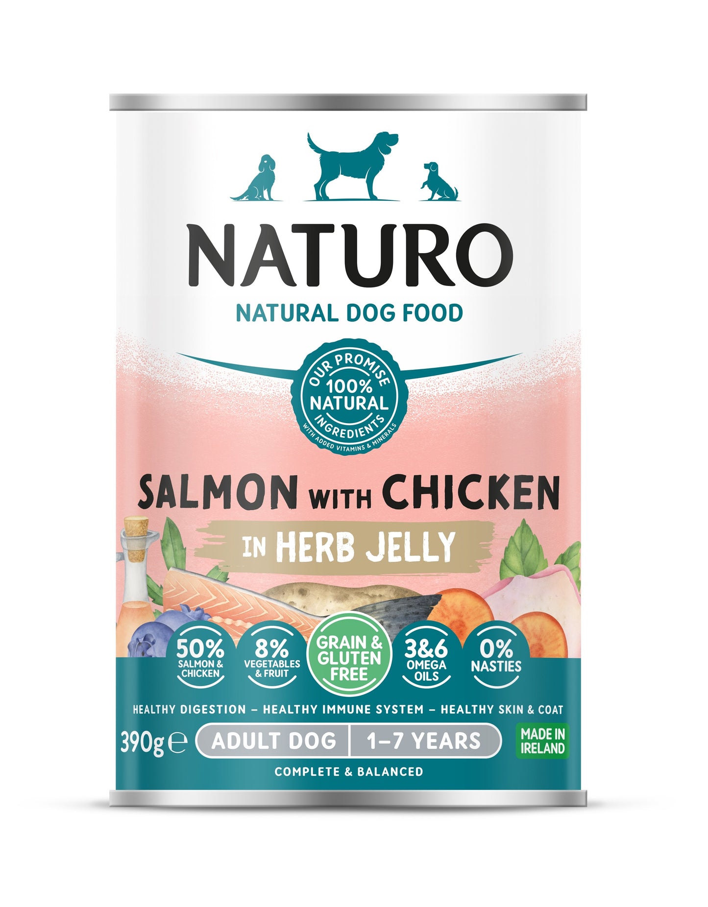 Naturo Adult Grain & Gluten Free Salmon with Chicken in Herb Jelly Tins 390g