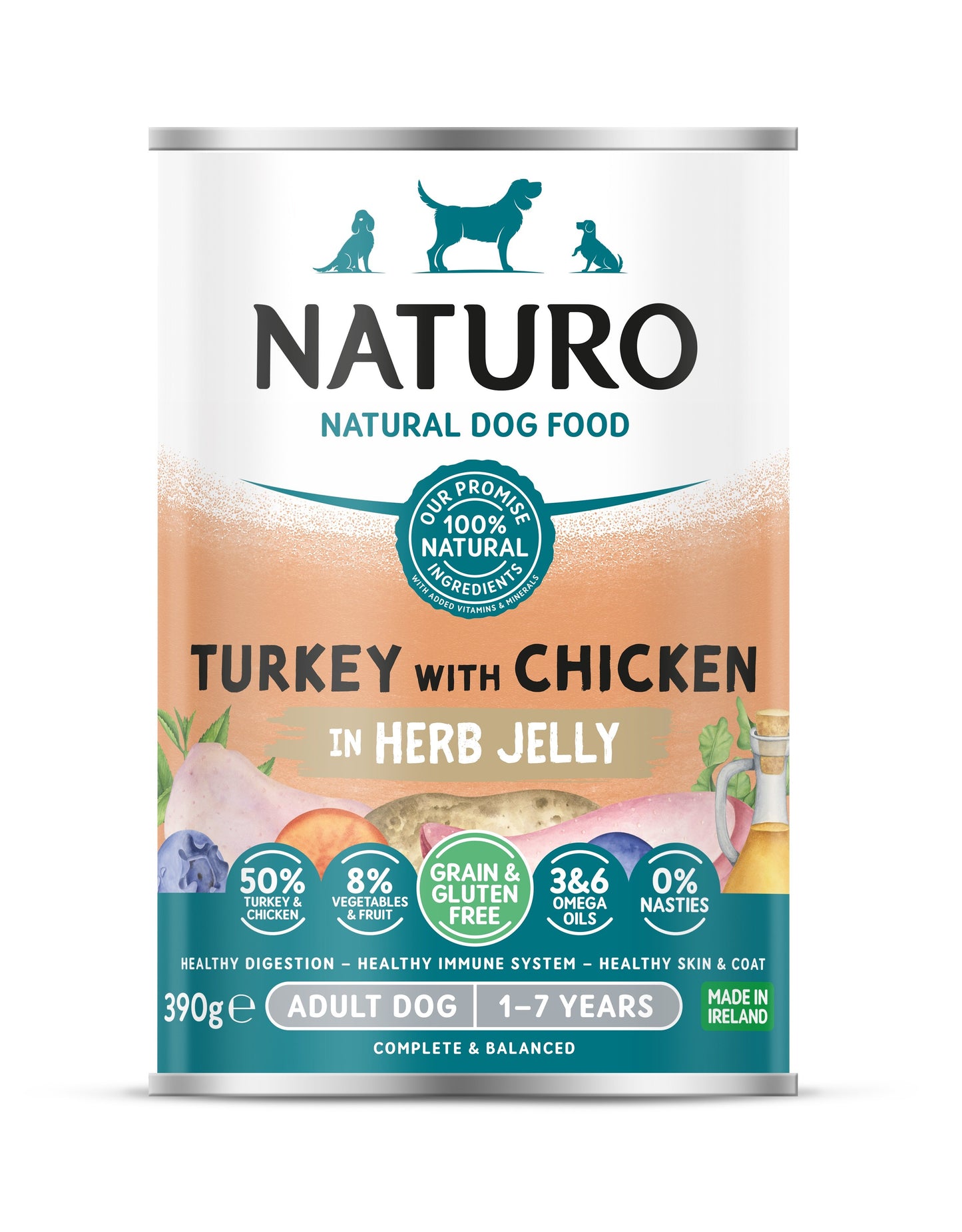 Naturo Adult Grain & Gluten Free Turkey with Chicken in Herb Jelly Tins 390g
